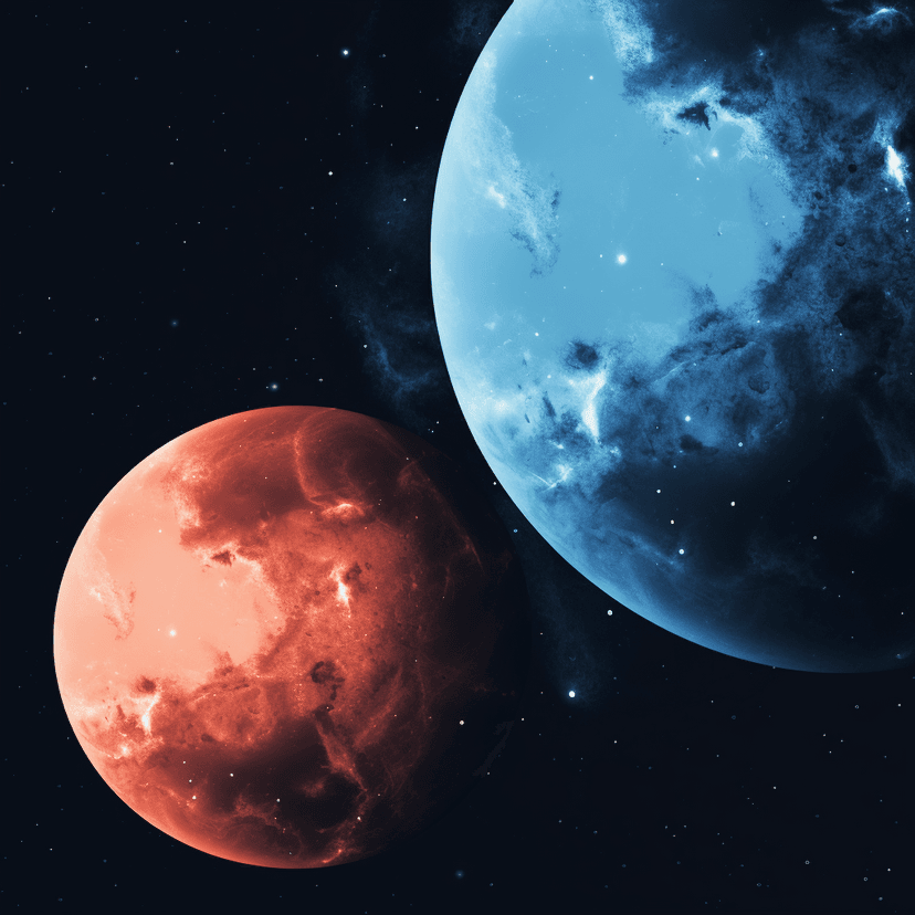 Two planets in space hang in a balance with each other. YOu have no idea how long it took to generate this picture in MidJourney