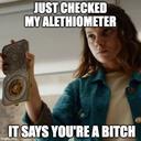 A meme depicting Lyra from His Dark Materials with the caption Just checked my alethiometer, it says you're a bitch.