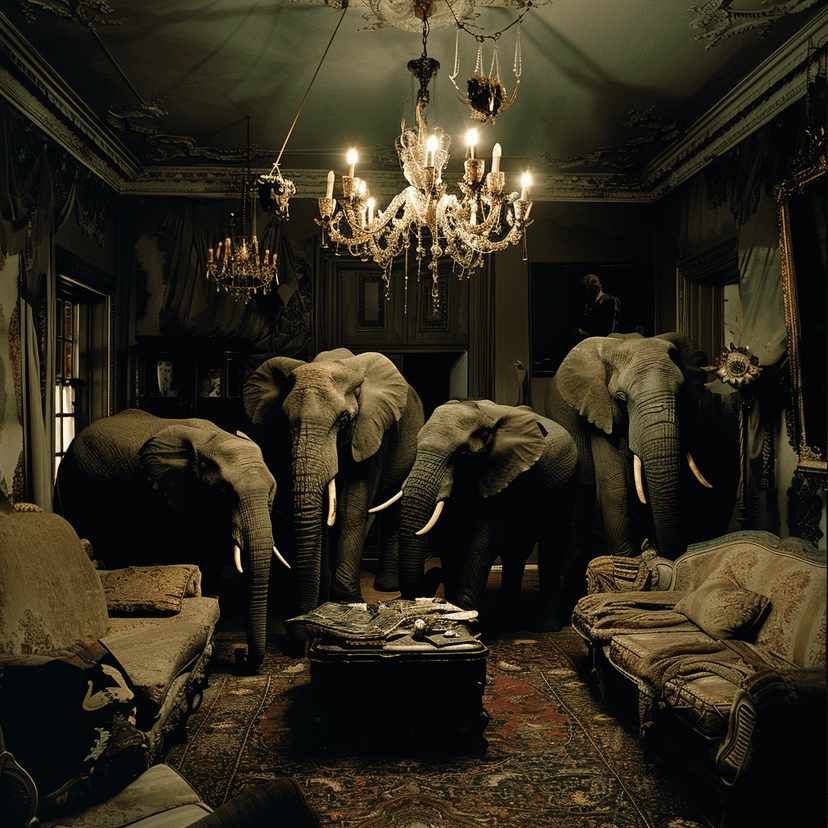 Elephants in a living room. Please don't crap on the rug