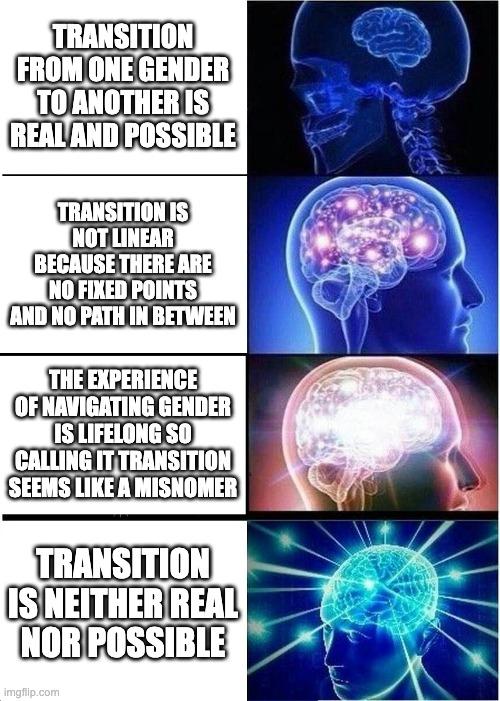Expanding brain meme that reads transition from one gender to another is real and possible, transition is not linear because there are no fixed points and no path in between, the experience of navigating gender is lifelong so calling it transition seems like a misnomer, transition is neither real nor possible
