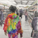 A colorfully dressed person wanders through a monochrome grocery store